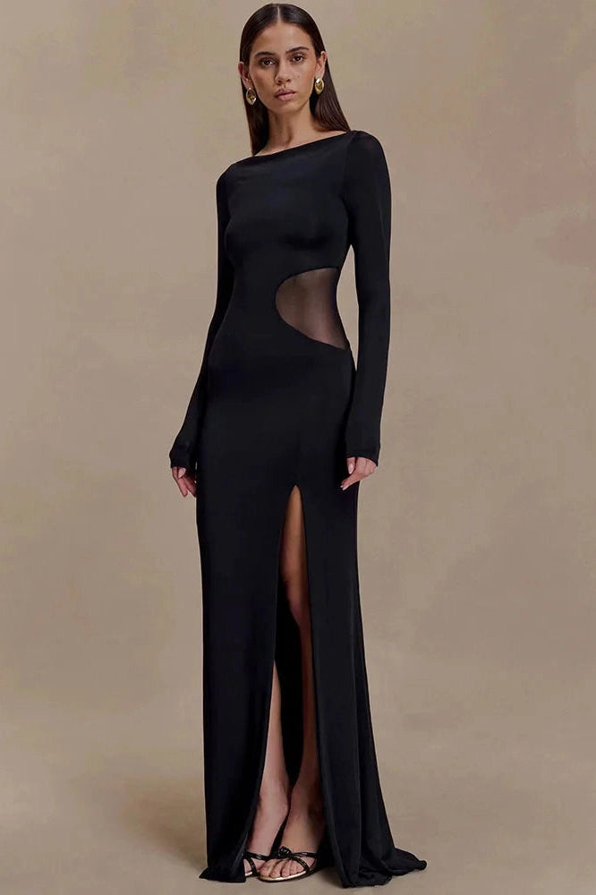 Glorol - Hollow Out Long Sleeve O Neck High Split Bodycon Maxi Dress