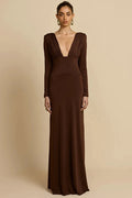 Glorol - Deep V Neck Backless Long Sleeve High Waist Maxi Dress
