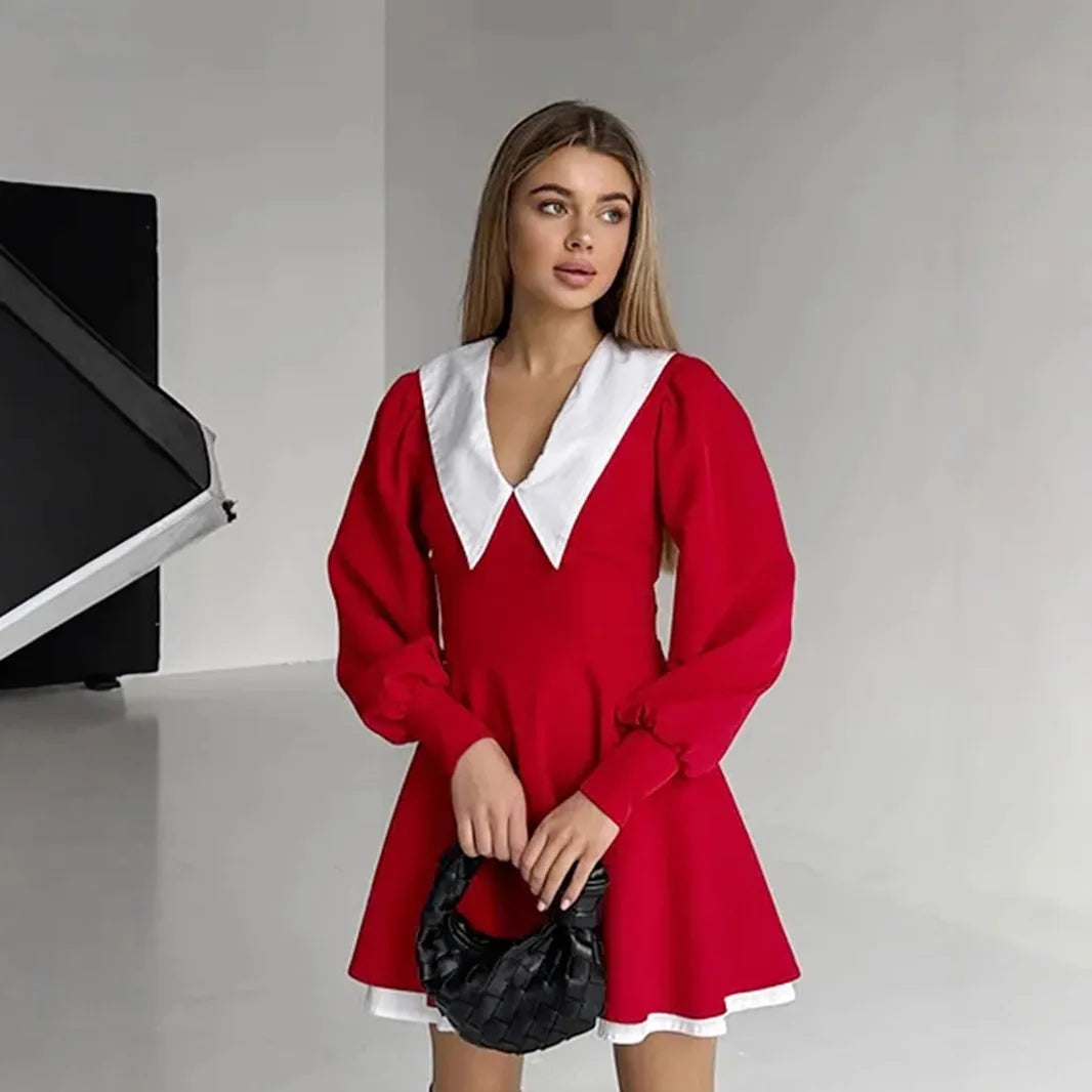 Glorol - Lantern Sleeve High Waist A-Line Mini Dress