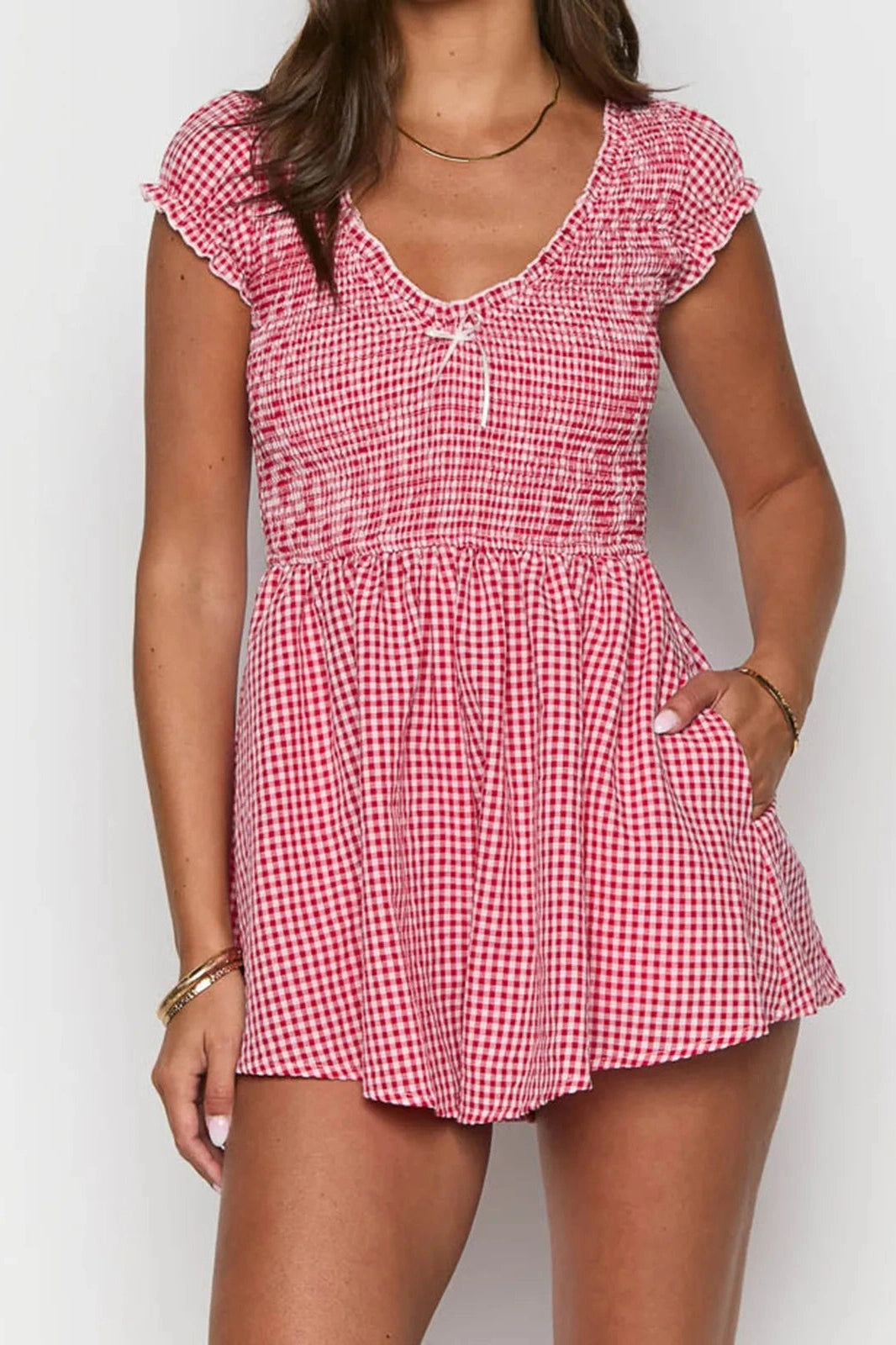 Glorol - Loose Plaid Short Sleeve Jumpsuit