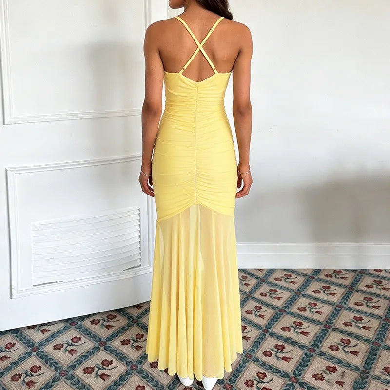Glorol - Lace-Up See Through Backless Maxi Dress