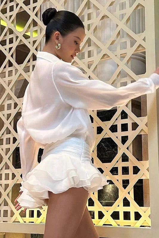 Glorol - Pleated Mesh See-Through Loose Mini Dress
