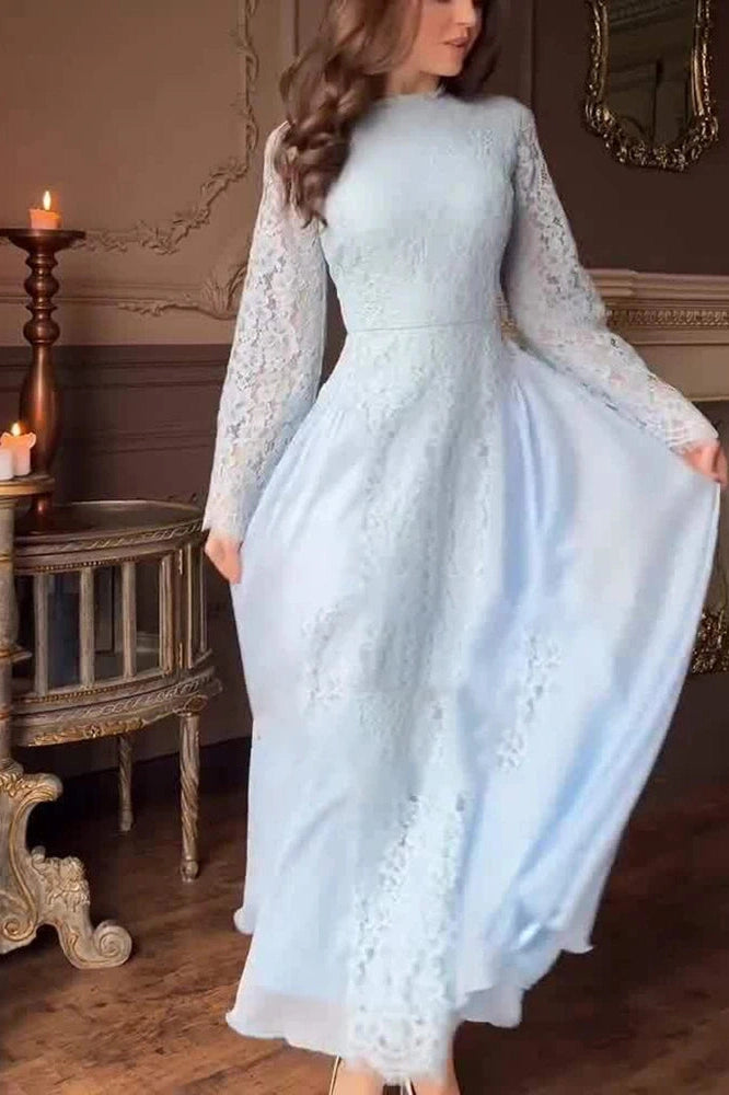 Glorol - O-Neck Long Sleeve Pleated High Waist Lace Maxi Dress