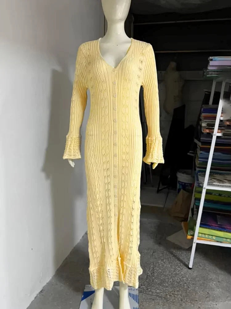 Glorol - Hollow Knitted Long Sleeve Maxi Dress