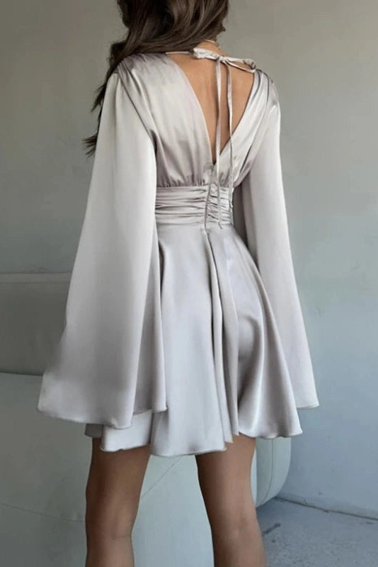Glorol - Elegant Long Sleeve Deep V Neck High Waist Mini Dress