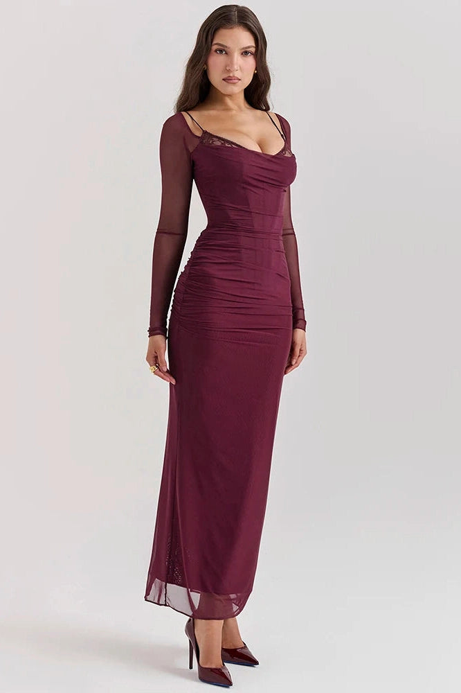 Glorol - Elegant Sheer Long Sleeve Strapless Maxi Dress