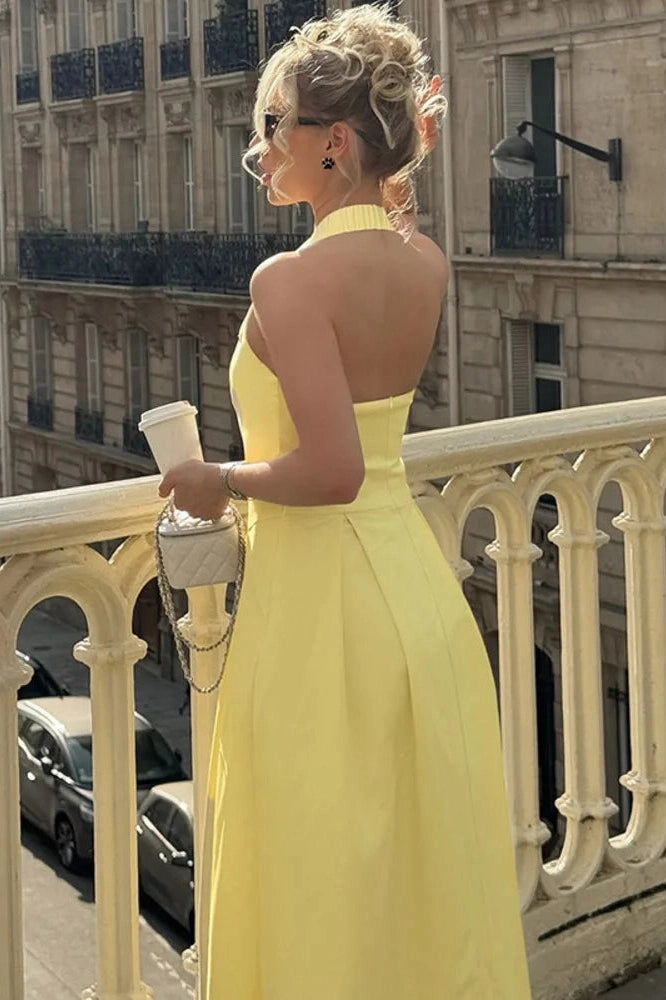 Glorol - Backless Sleeveless High Waist A-Line Pleated Midi Dress