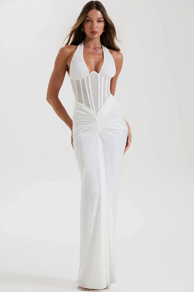 Glorol - Backless V Neck Off-Shoulder Sleeveless Bodycon Maxi Dress