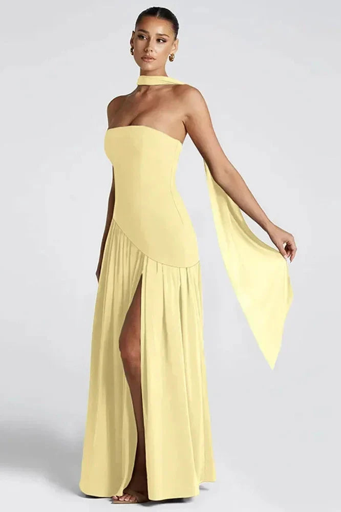 Notiglo - Scarf Neck Sleeveless Off Shoulder A-Line Maxi Dress