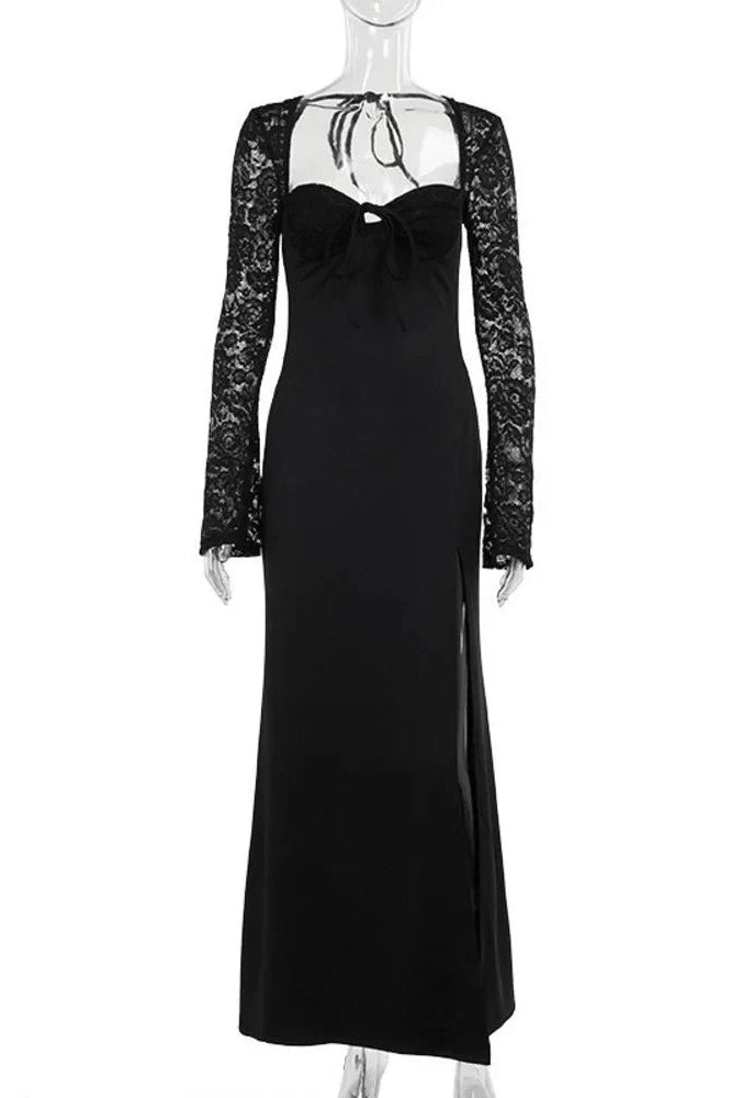 Glorol - Lace Long Sleeve Square Collar Backless Maxi Dress