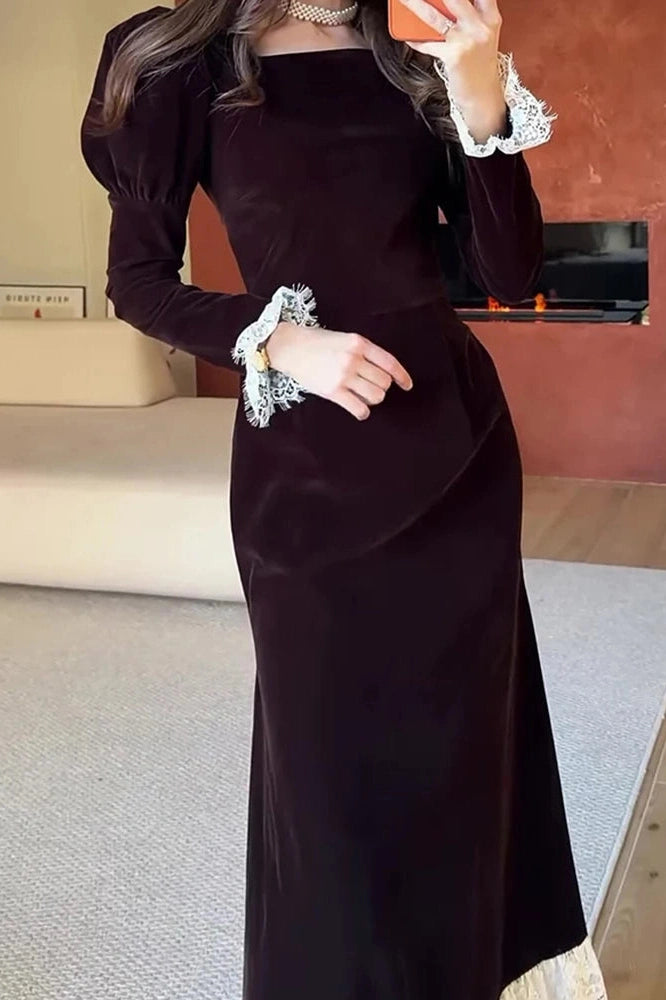 Glorol - Elegant Long Sleeve High Waist Lace Maxi Dress