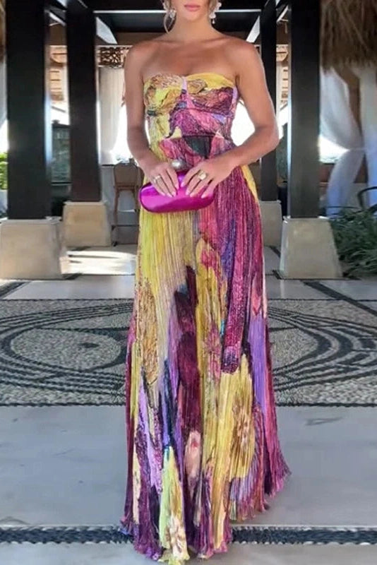 Glorol - Elegant Strapless Printed Sleeveless Off Shoulder High Waist Maxi Dress