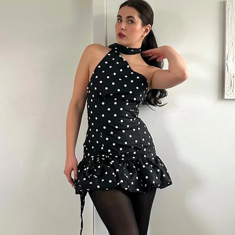 Glorol - Polka Dot Scarf Ribbon Backless Sleeveless Mini Dress