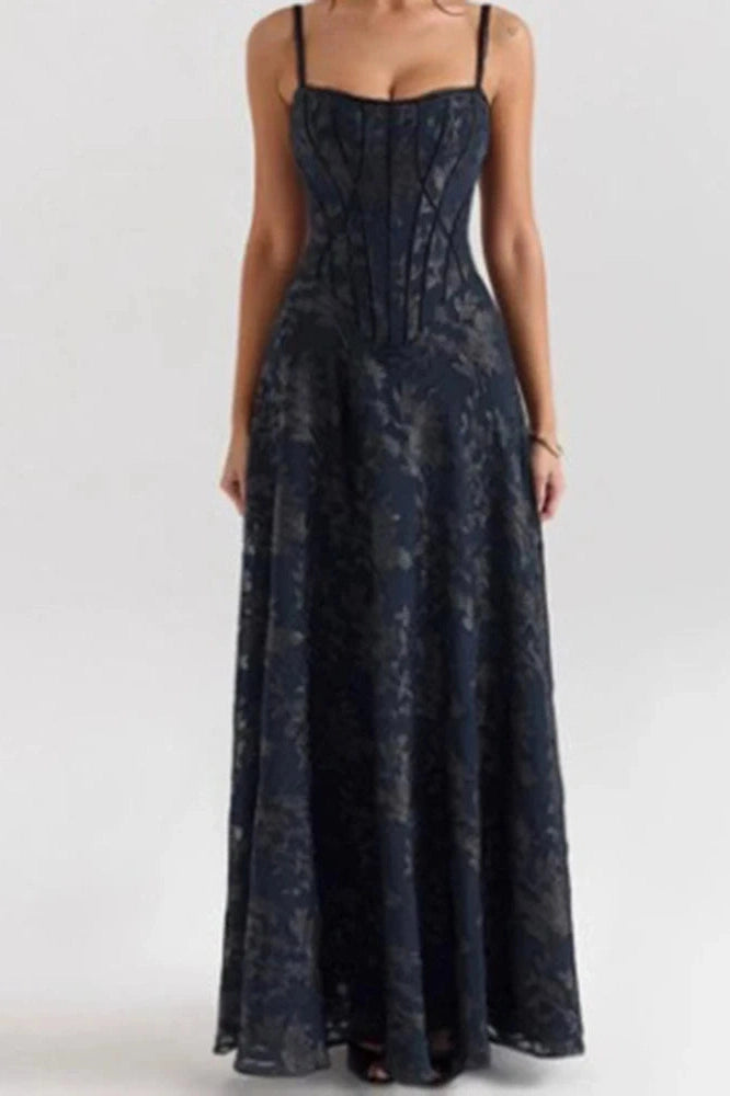 Glorol - Elegant High Waist Pleated Sleeveless Lace Embroidery Maxi Dress