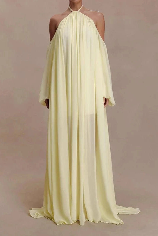 Glorol - Backless Lace Up Off Shoulder Pleat Loose Maxi Dress