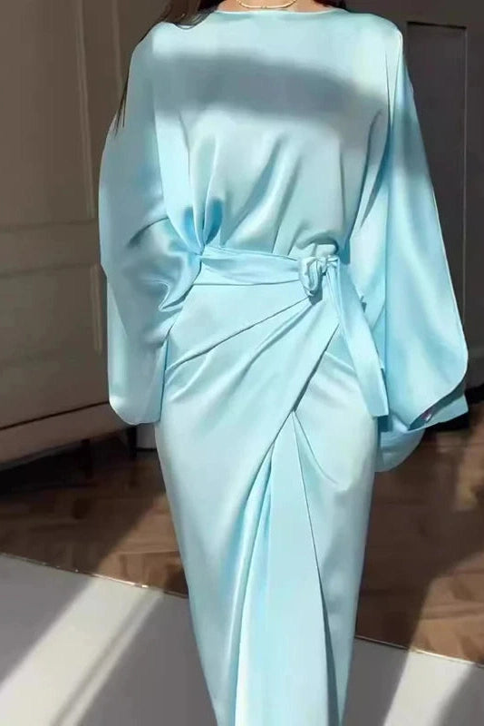 Glorol - Elegant Tie-up Waisted O Neck Sleeves Maxi Dress