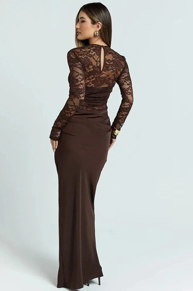 Glorol - Lace Patchwork See Through Long Sleeve High Waist Maxi Dress