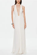V-Neck High Waist Backless Slim Pleated Maxi Dress