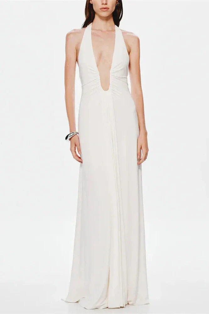 V-Neck High Waist Backless Slim Pleated Maxi Dress