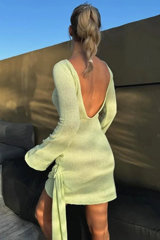 Glorol - Backless Knitted Lace Up Slim Long Sleeve Irregular Mini Dress