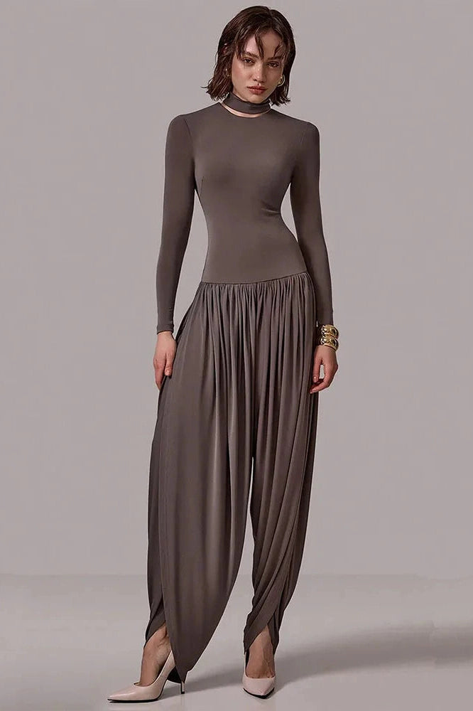 Glorol - Long Sleeve Patchwork High Waist Jumpsuit