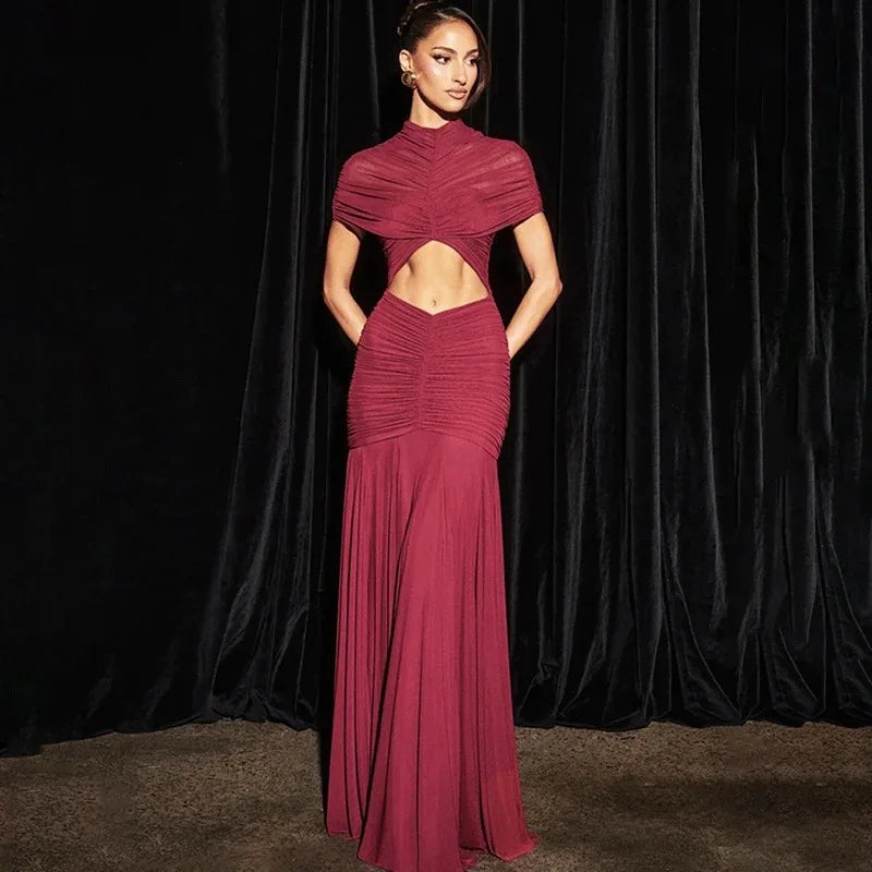 Glorol - Elegant Hollow Out Patchwork See Through Maxi Dress