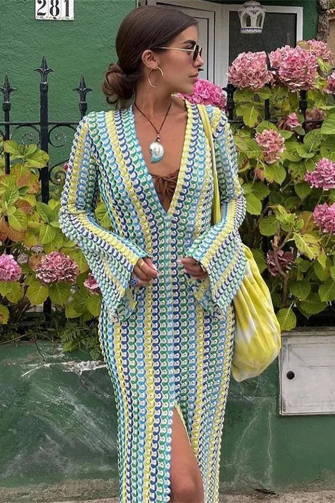 Glorol - Hollow Out V-Neck Long Sleeve Lace Patchwork Maxi Dress