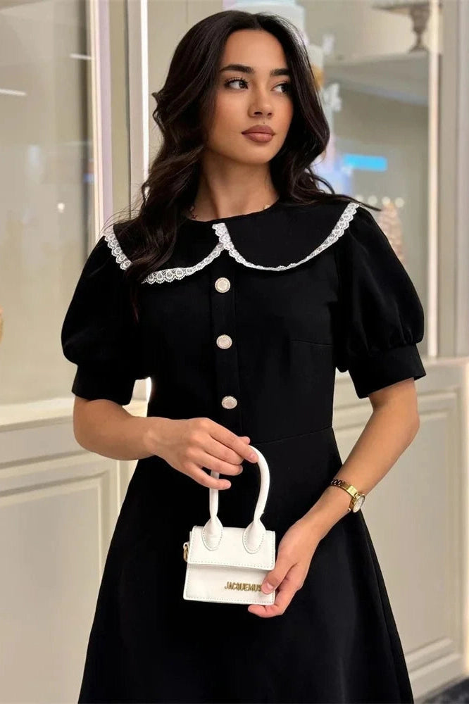 Glorol - Elegant Patchwork Short Sleeve Lace-Up Mini Dress