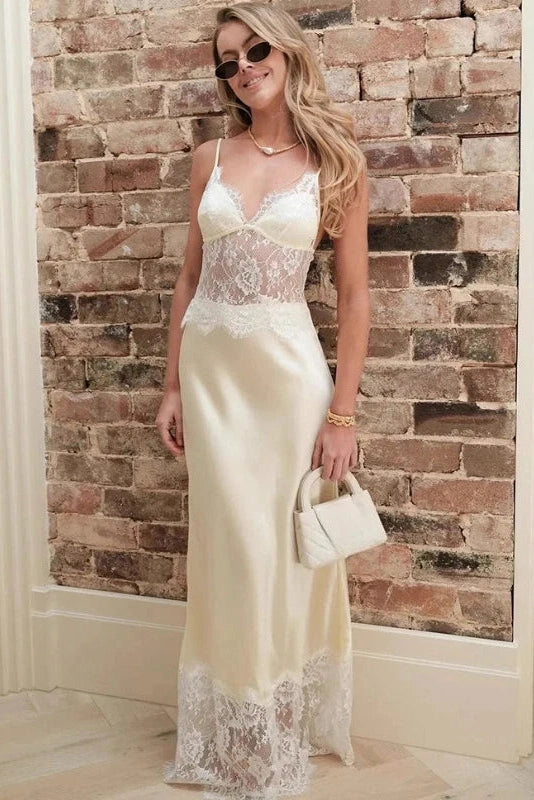 Glorol - Hollow-Out Lace Deep V-Neck Backless Slim Straps Maxi Dress