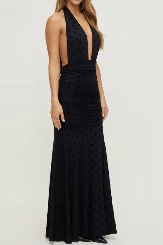 Glorol - Hollow Out Backless Sleeveless Slim Deep V-Neck Printed Maxi Dress