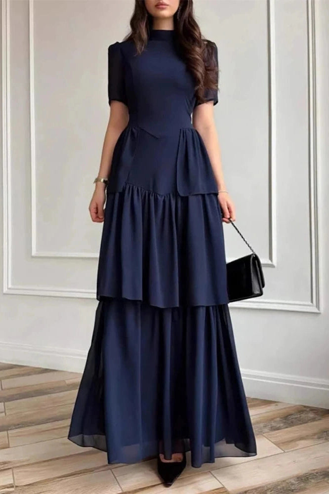 Glorol - O-Neck Pleat High Waist Maxi Dress