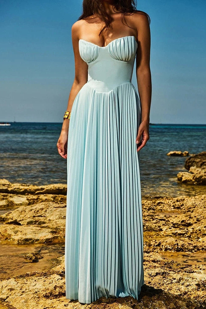 Glorol - Off-shoulder Strapless Sleeveless Backless Pleated Maxi Dress