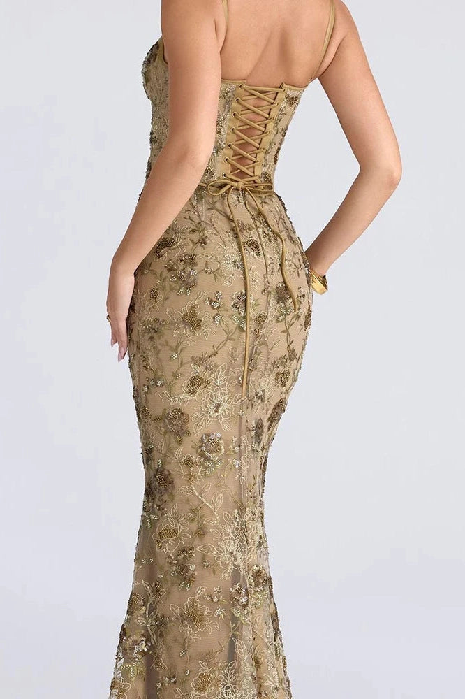 Glorol - Hollow Out Lace Embroidery Slim Backless Maxi Dress