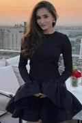 Glorol - Long Flare Sleeve Patchwork O-Neck A-line Mini Dress