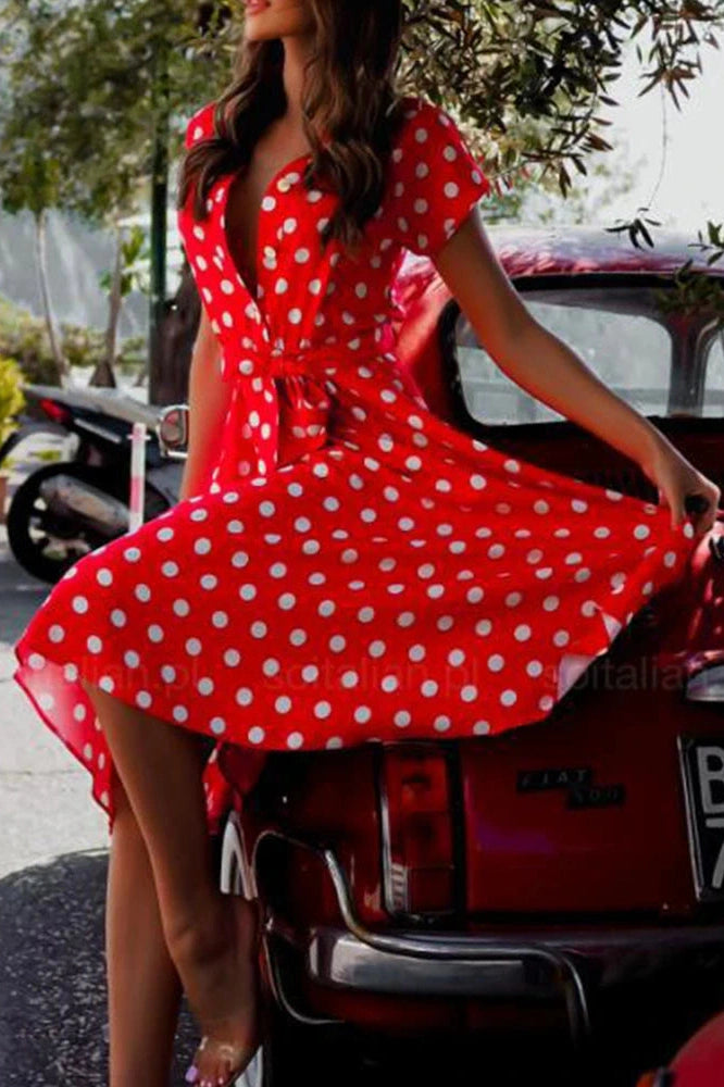 Glorol - Polka Dot Print V-Neck Button Lace-up Slim A-Line Midi Dress