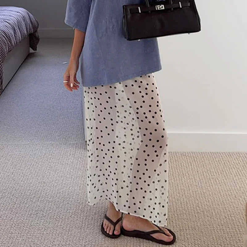 Glorol - High Waist Polka Dot See Through Printed Skirt