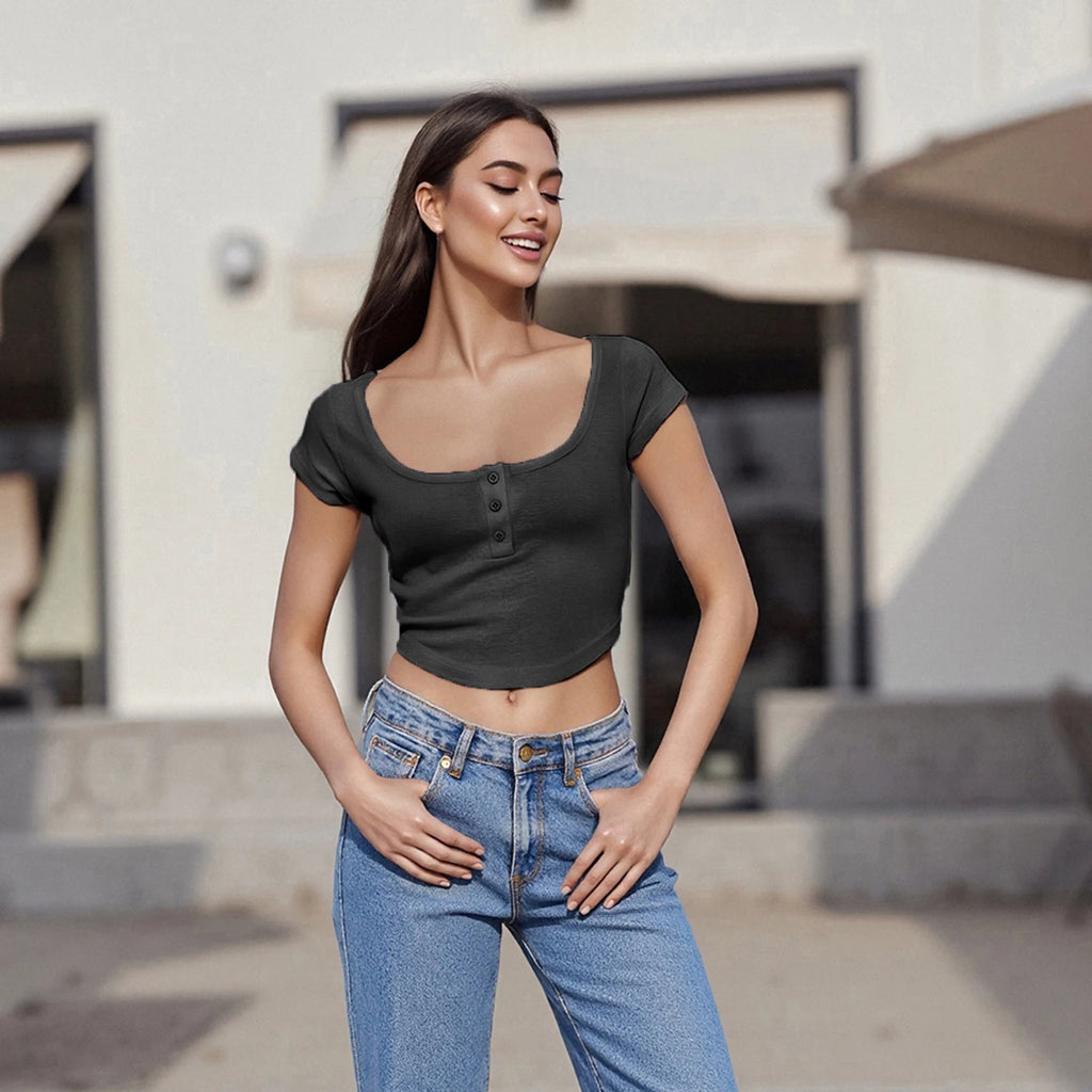 Glorol - Button-Up Scoop Neck Sleeve Slim Top
