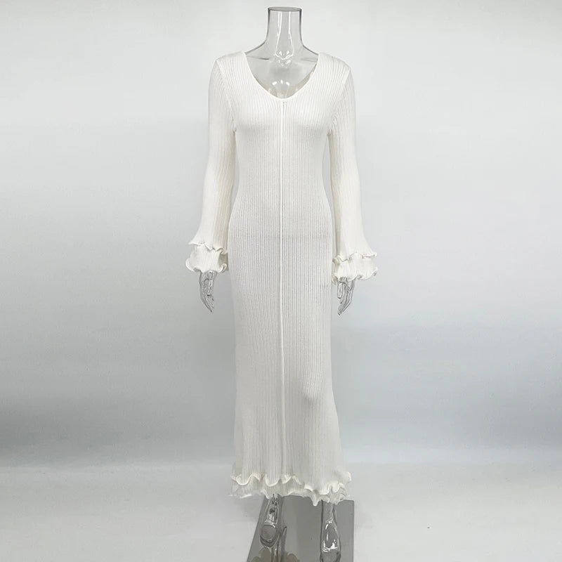 Glorol - Knit Lace-Up Long Sleeve Loose Pleated Maxi Dress