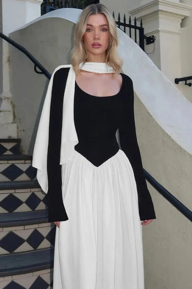 Glorol - Patchwork Long Sleeve O Neck Pleated Maxi Dress