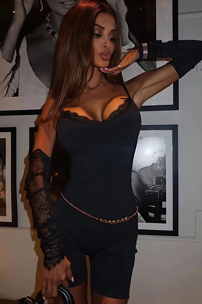 Glorol - Lace Long Sleeve Patchwork Off-Shoulder Backless Jumpsuit