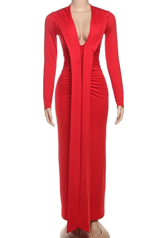 Glorol - Elegant Pleated V-Neck Maxi Dress