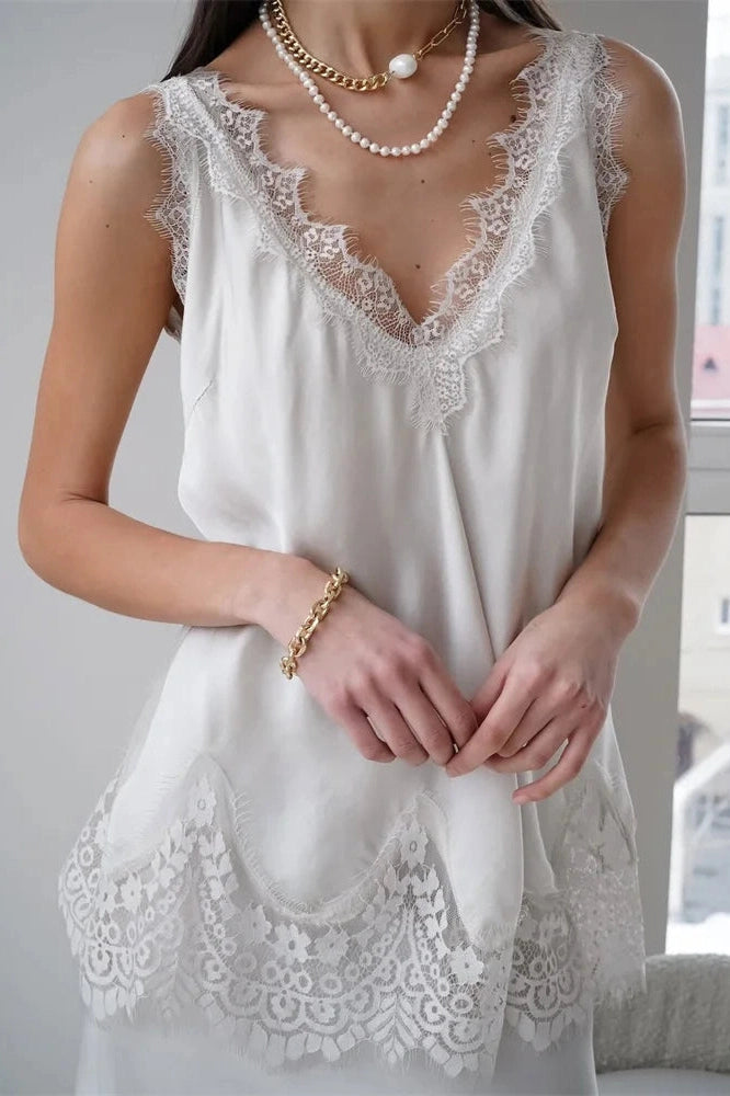 Glorol - Lace Printed V-Neck Patchwork Sleeveless Top