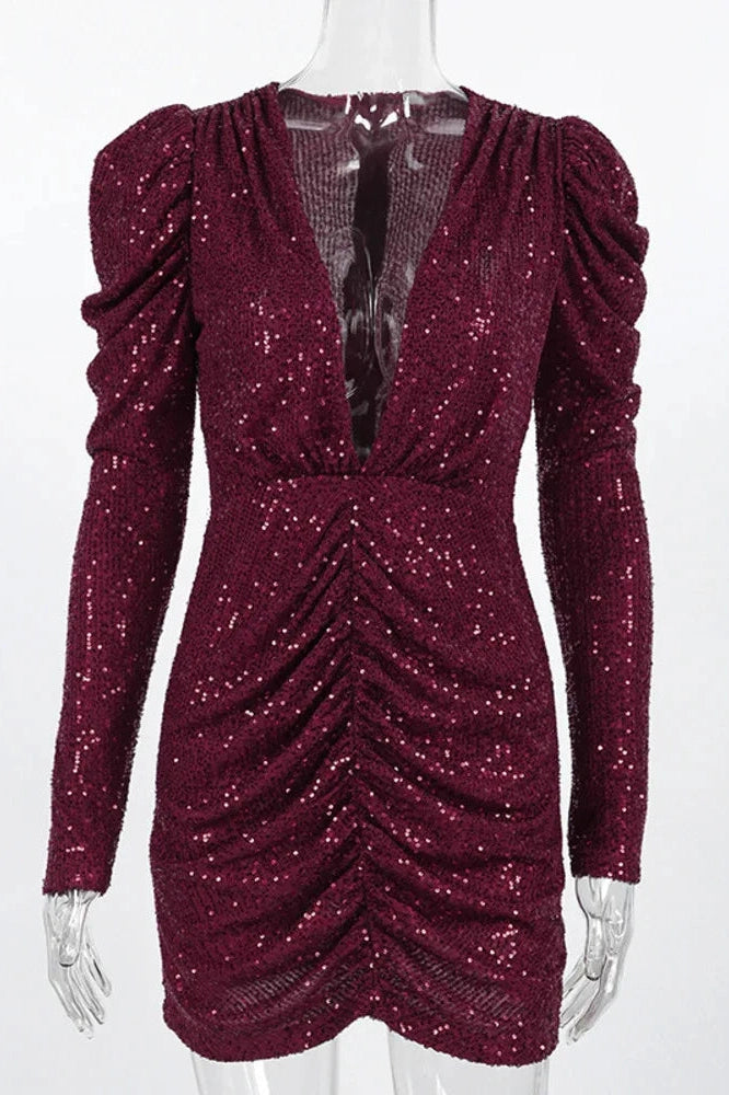 Glorol - Deep V Neck Long Sleeve High Waist Mini Dress