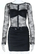 Glorol - Lace Printed See-Through Long Sleeve Mini Dress