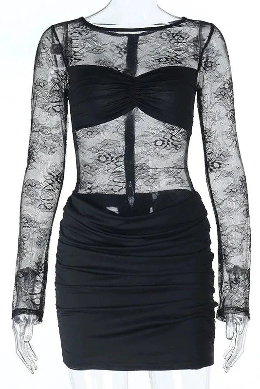 Glorol - Lace Printed See-Through Long Sleeve Mini Dress
