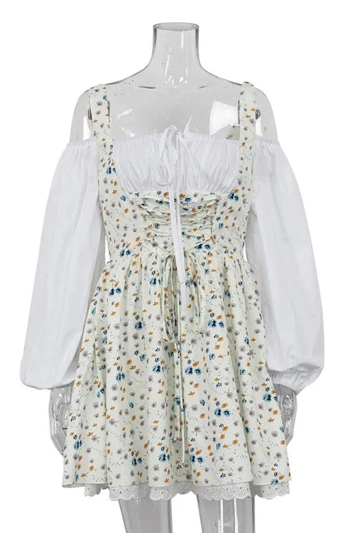 Glorol - Puff Sleeve Two Piece Strapless Lace Up Mini Dress