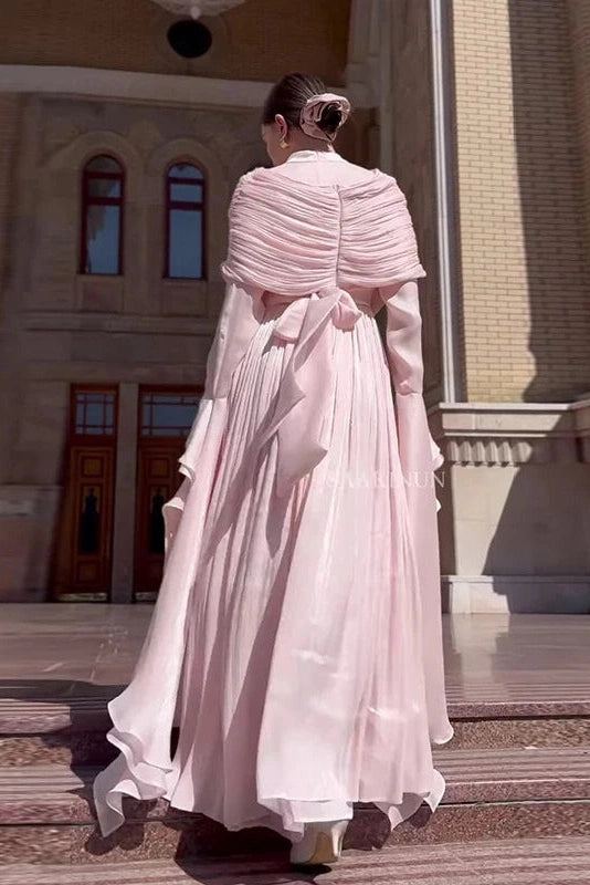 Glorol - Elegant O-Neck High Waist Pleated Irregular Maxi Dress