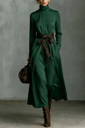 Glorol - Elegant Lace Up Pleated Turtleneck Long Sleeve Maxi Dress