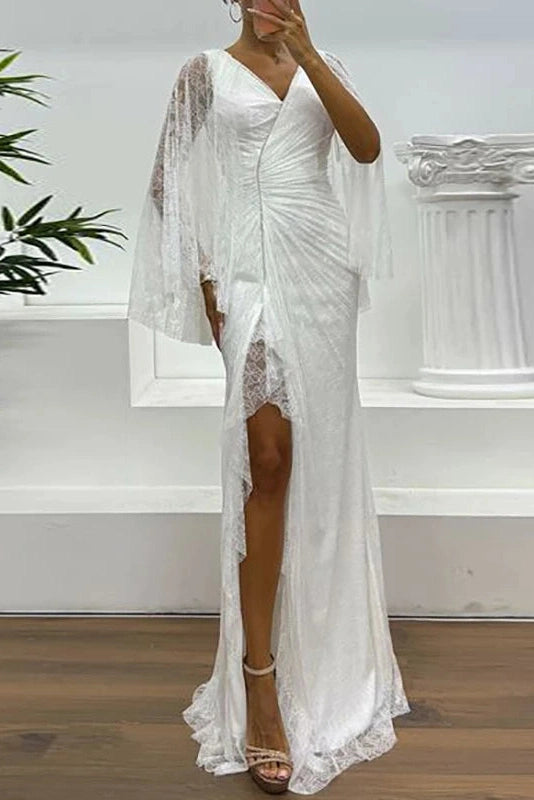 Glorol - Hollow Lace Embroidery V-Neck Slim Split High Waist Maxi Dress