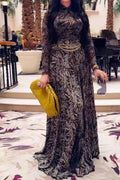Glorol - Long Sleeve Printed Slim Pleated High Waist Maxi Dress
